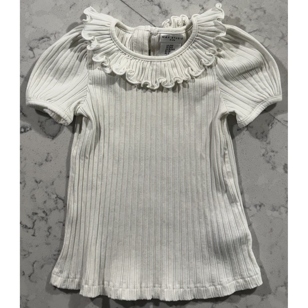 Max Studio Kids White Ribbed Ruffle Collar Puff Sleeve Blouse Size 24M
